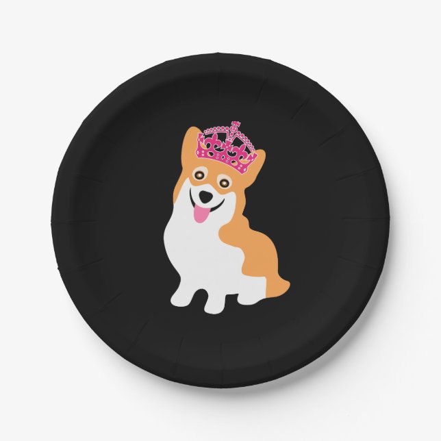 Cute Little Corgi Princess Wearing a Pink Crown Paper Plate (Front)