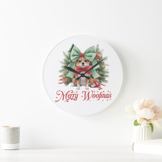 Cute little corgi with green Christmas bow Large Clock (Home)