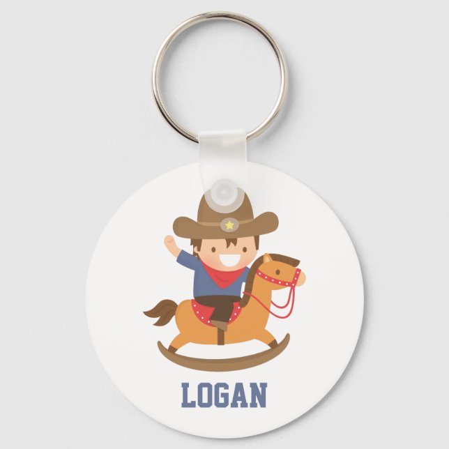 Cute Little Cowboy on Rocking Horse Keychain (Front)