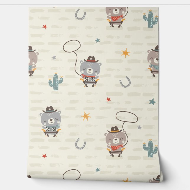 Cute Little Cowboy Sheriff Bear on cream Wallpaper (Unrolling)