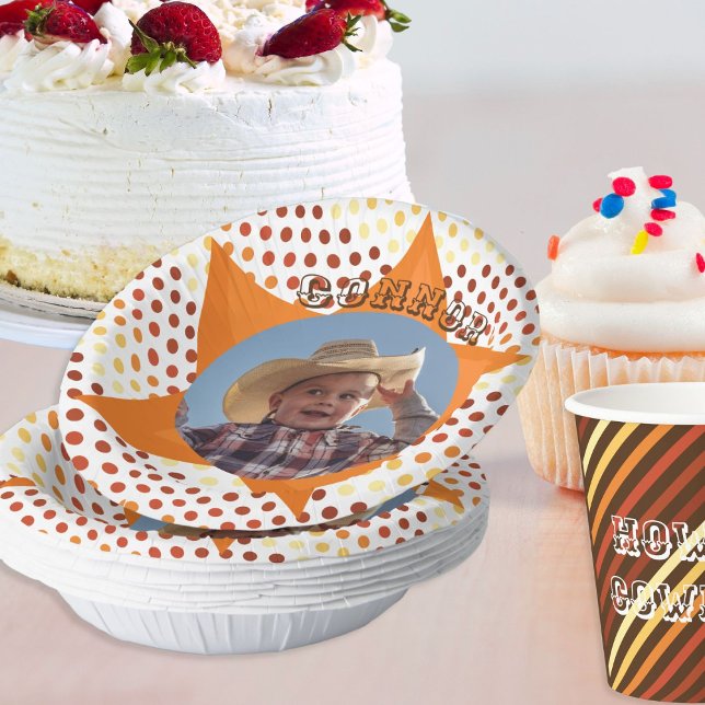 Cute little cowboy western polka dot birthday paper plate (Celebrate your little cowboy with his photo on a paper bowl)