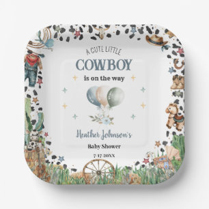 Cute Little Cowboy Western Watercolor Baby Shower Paper Plate