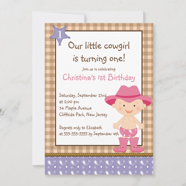 Cute Little Cowgirl Birthday Party Invitations (Front)