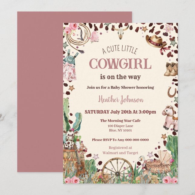 Cute Little Cowgirl Western Watercolor Baby Shower Invitation (Front/Back)
