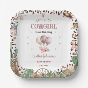 Cute Little Cowgirl Western Watercolor Baby Shower Paper Plate