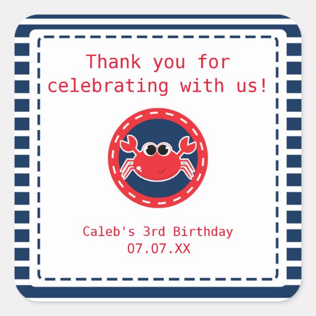 Cute little Crab Fun Beach Birthday Party Favour Square Sticker (Front)