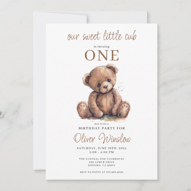 Cute Little Cub Watercolor Teddy Bear 1st Birthday Invitation (Front)