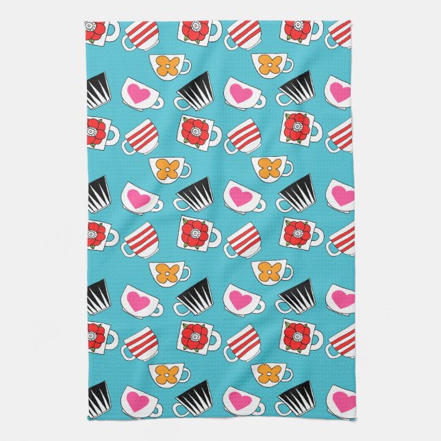 Cute Little Cups  In The Kitchen Pattern Tea Towel (Vertical)