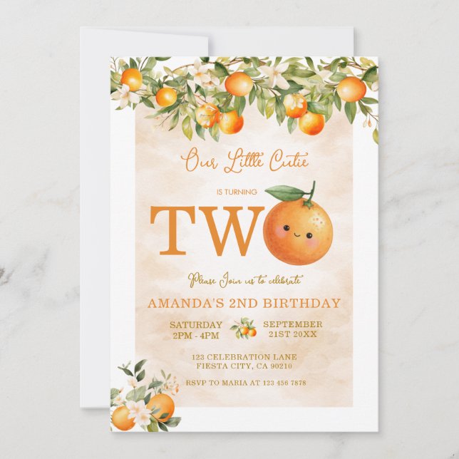 Cute Little Cutie Orange 2nd Birthday Invitation (Front)