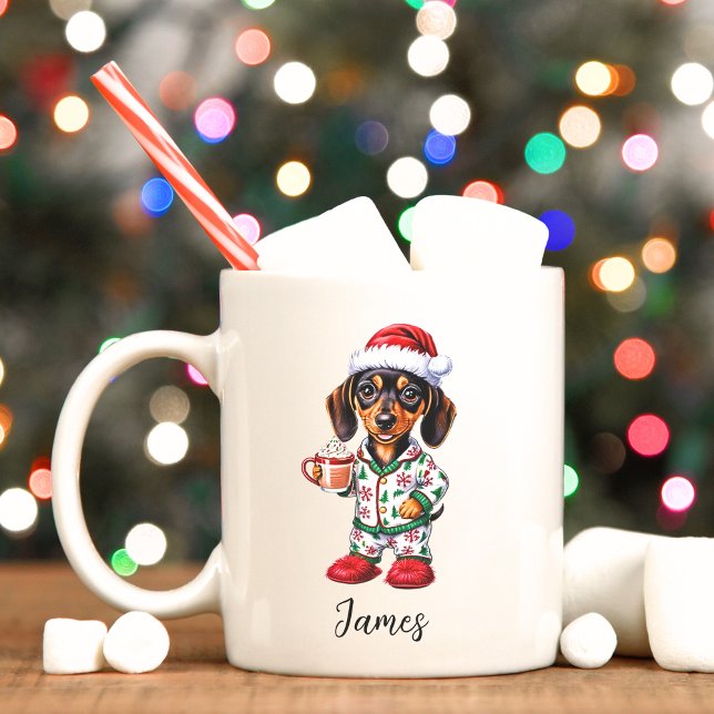 Cute little Dachshund Christmas Mug (Personalized Dachshund wiener dog Christmas mug.)