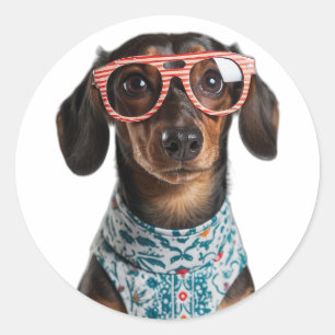 Cute Little Dachshund With Red Glasses Classic Round Sticker