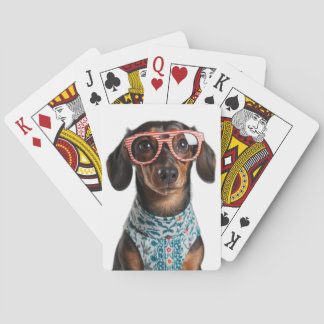 Cute Little Dachshund With Red Glasses Playing Cards