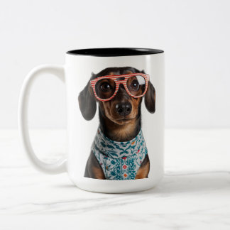 Cute Little Dachshund With Red Glasses Two-Tone Coffee Mug