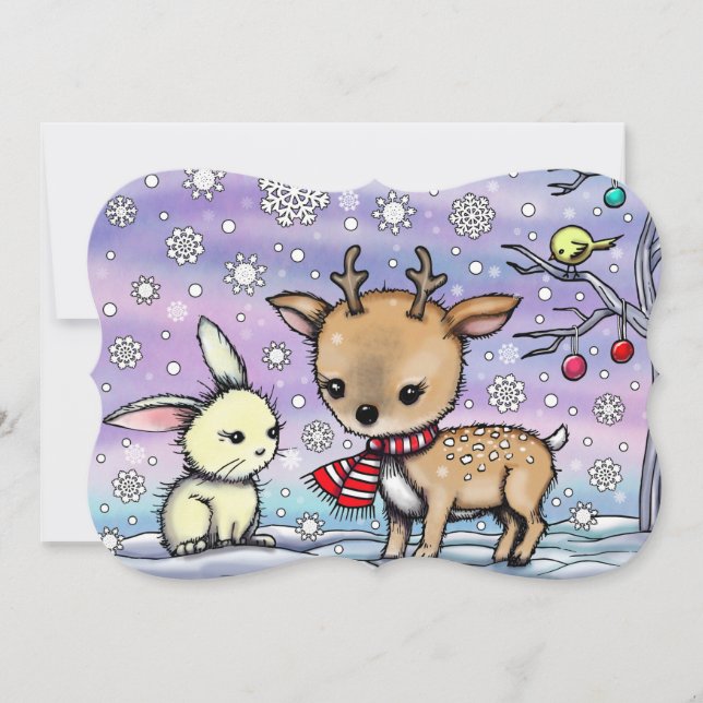 Cute Little Deer and Bunny Illustrated Art Invitation (Front)