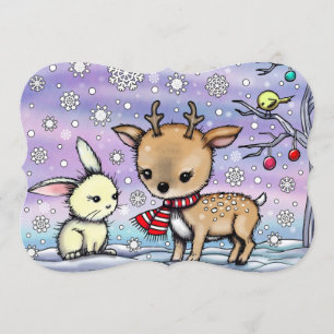Cute Little Deer and Bunny Illustrated Art Invitation