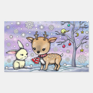 Cute Little Deer and Bunny Illustrated Art Rectangular Sticker