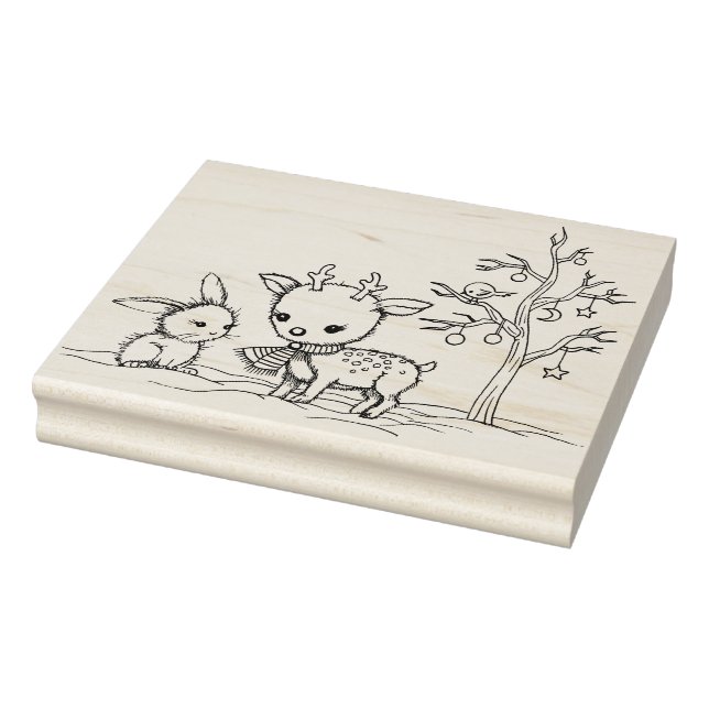 Cute Little Deer and Bunny Illustrated Art Rubber Stamp (Stamp)
