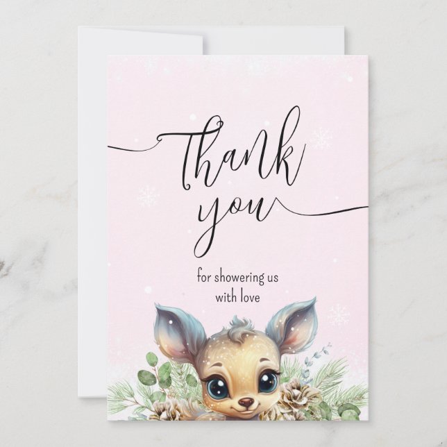 Cute Little Deer Pink Winter Snow Thank You Card (Front)