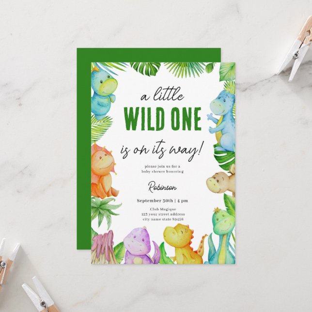 Cute Little Dino Baby Shower Invitation (Front/Back In Situ)