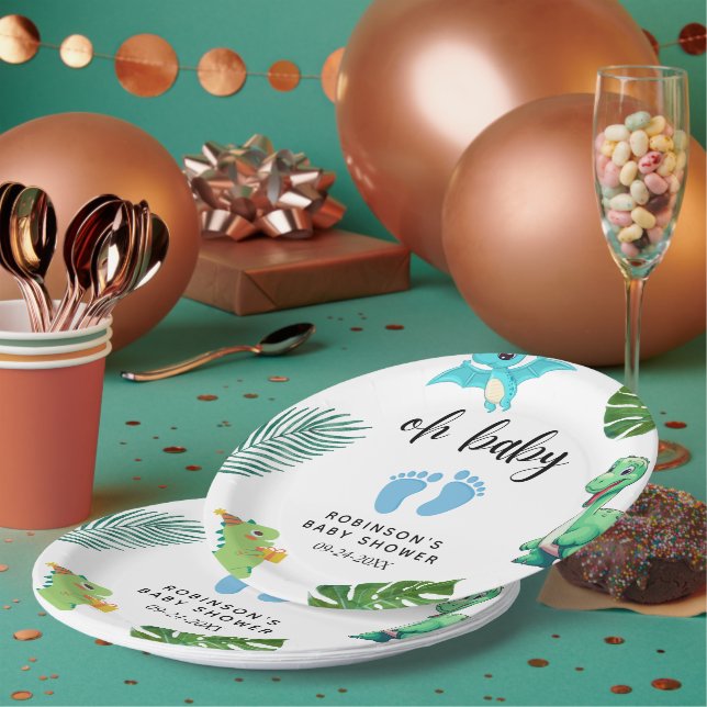 Cute Little Dino Baby Shower Paper Plate (Multi)