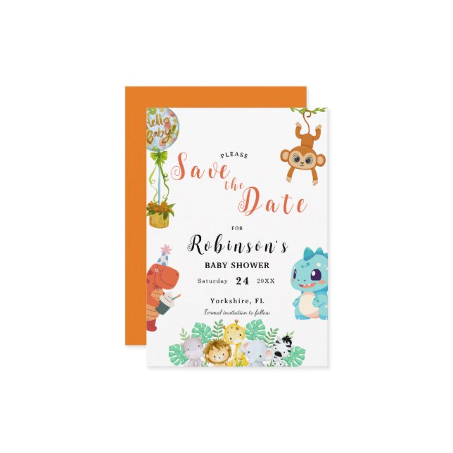 Cute Little Dino Baby Shower Save The Date (Front/Back In Situ)