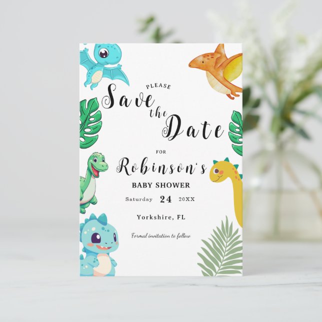 Cute Little Dino Baby Shower Save The Date (Standing Front)
