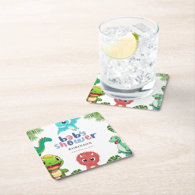 Cute Little Dino Baby Shower Square Paper Coaster (Insitu)