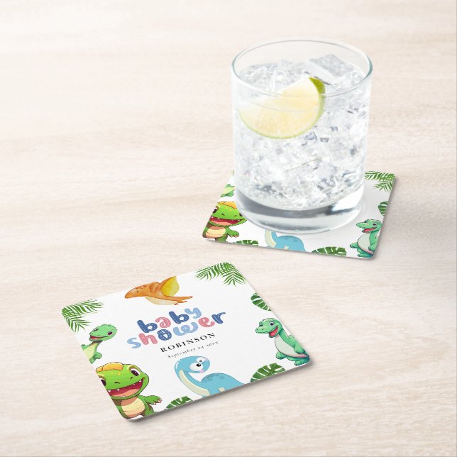 Cute Little Dino Baby Shower Square Paper Coaster (Insitu)