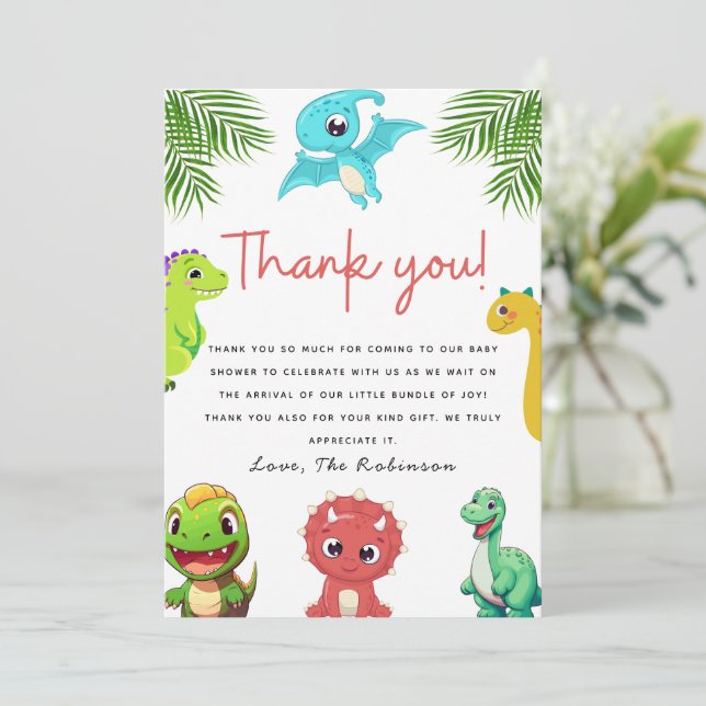 Cute Little Dino Baby Shower Thank You Card (Standing Front)