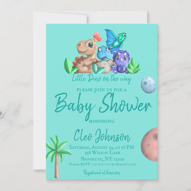 Cute Little Dino on his Way Baby Shower Invitation (Front)