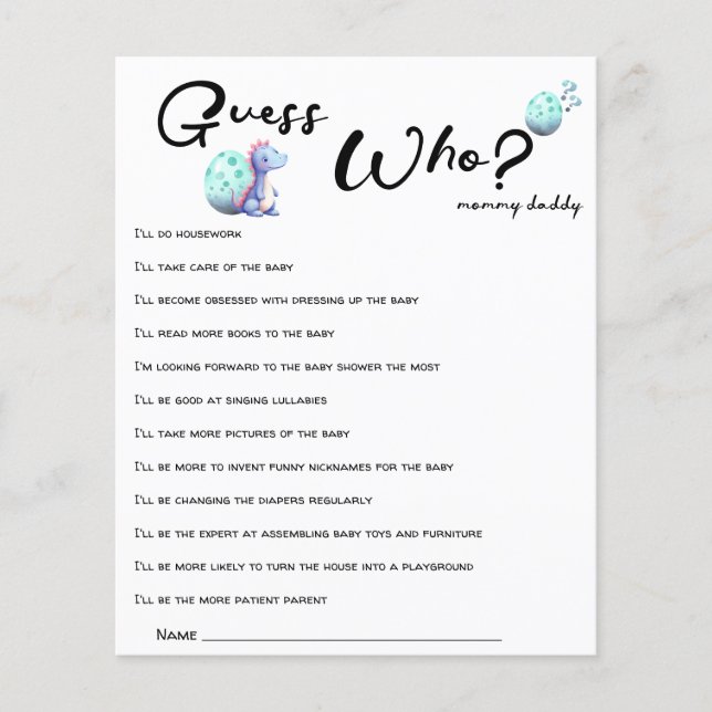 Cute Little Dinosaur Baby Shower Guess Who Game (Front)