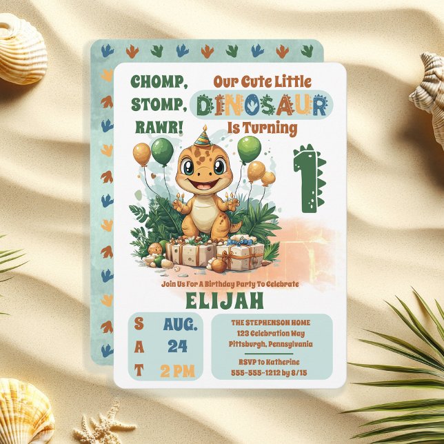 Cute Little Dinosaur Boy 1st Birthday Party Invitation ("Chomp, Stomp, Rawr!" "Our Cute Little Dinosaur Is Turning 1" 1st Birthday Party Invitation)