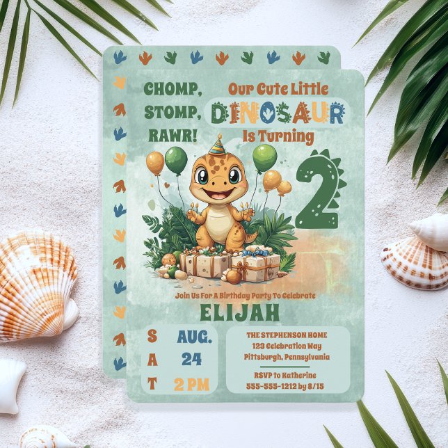 Cute Little Dinosaur Boy 2nd Birthday Party Invitation ("Chomp, Stomp, Rawr!" "Our Cute Little Dinosaur Is Turning 2" 2nd Birthday Party Invitation)