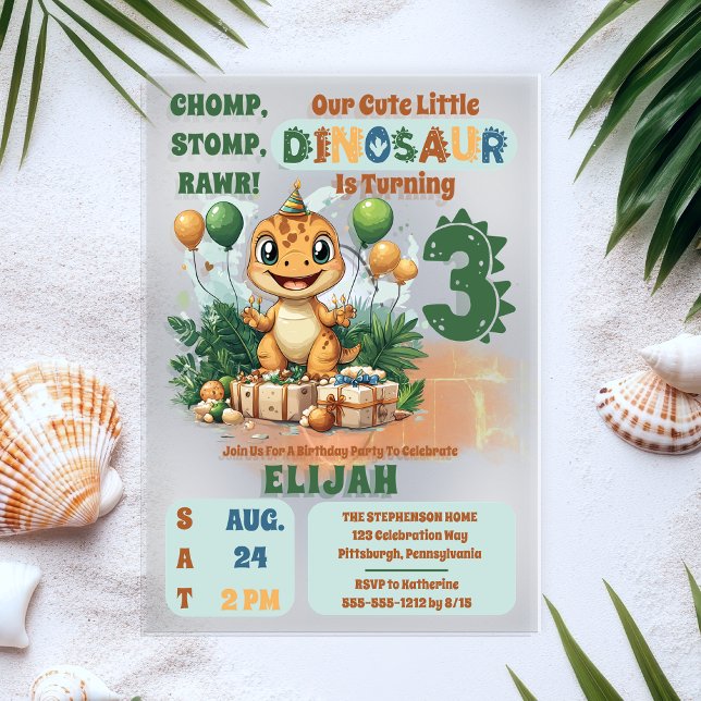 Cute Little Dinosaur Boy 3rd Birthday Party Acrylic Invitations ("Chomp, Stomp, Rawr!" "Our Cute Little Dinosaur Is Turning 3" 3rd Birthday Party Acrylic Invitation)