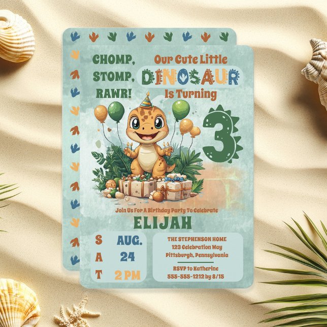 Cute Little Dinosaur Boy 3rd Birthday Party Invitation ("Chomp, Stomp, Rawr!" "Our Cute Little Dinosaur Is Turning 3" 3rd Birthday Party Invitation)