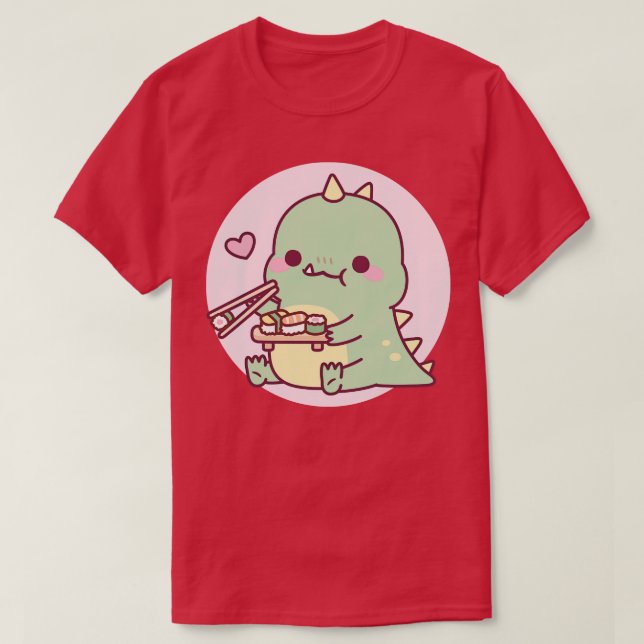 Cute Little Dinosaur Loves Japanese Sushi T-Shirt (Design Front)