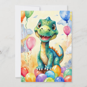 Cute little dinosaur with lots of colourful balloo invitation