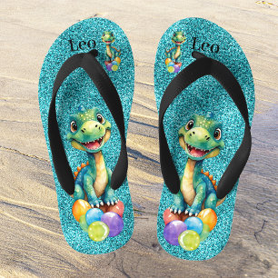 Cute little dinosaur with lots of colourful balloo kid's flip flops
