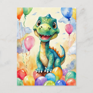 Cute little dinosaur with lots of colourful balloo postcard