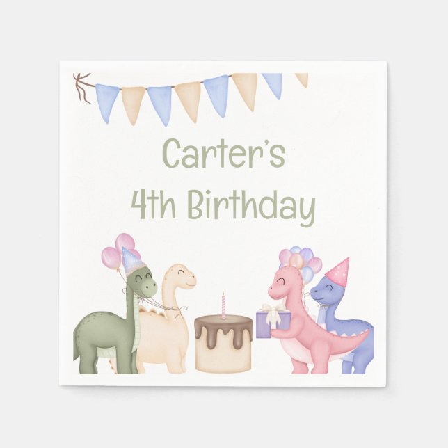 Cute Little Dinosaurs With Cake Child Birthday Napkin (Front)