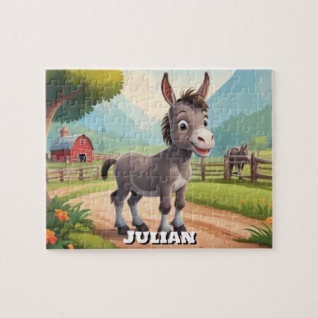 Cute Little Donkey on Farm Personalised Jigsaw Puzzle (Horizontal)