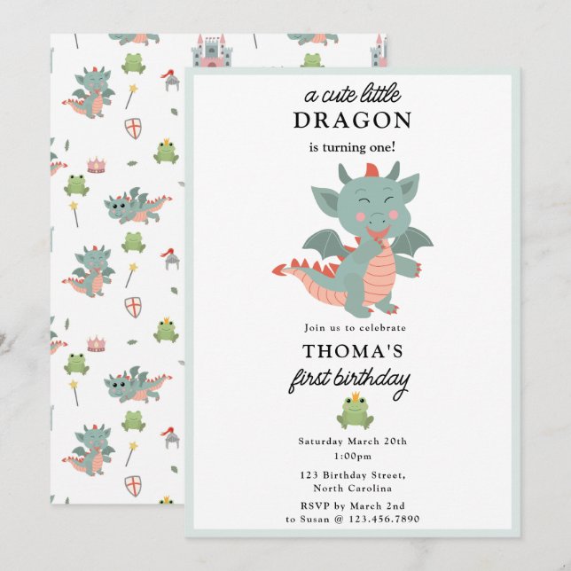 Cute Little Dragon Boy Kids Birthday Party Invitation (Front/Back)