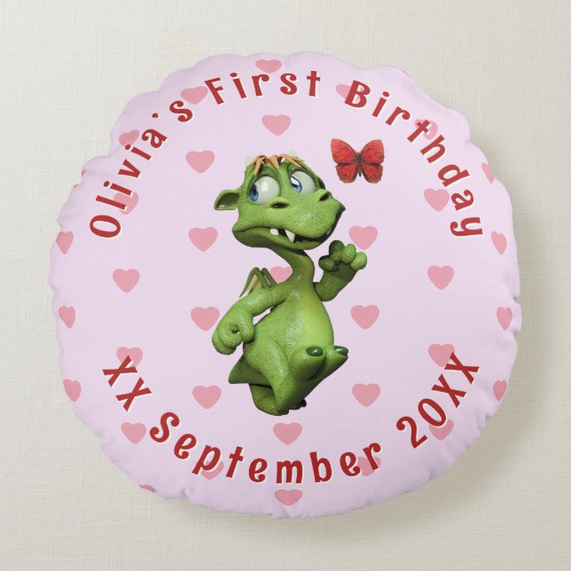 Cute Little Dragon First Birthday Round Cushion (Front)