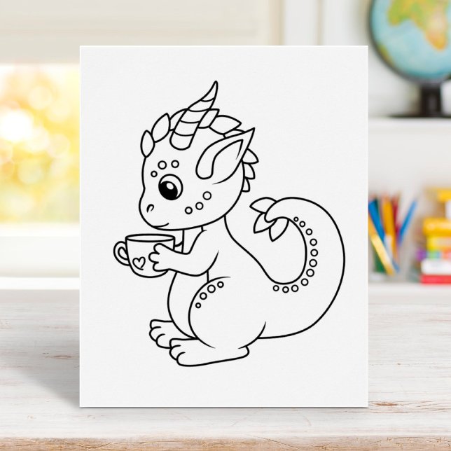 Cute Little Dragon Holding a Cup Colouring Page Poster (Creator Uploaded)