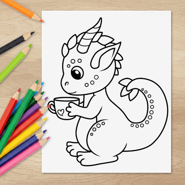 Cute Little Dragon Holding a Cup Colouring Page Rubber Stamp (Creator Uploaded)