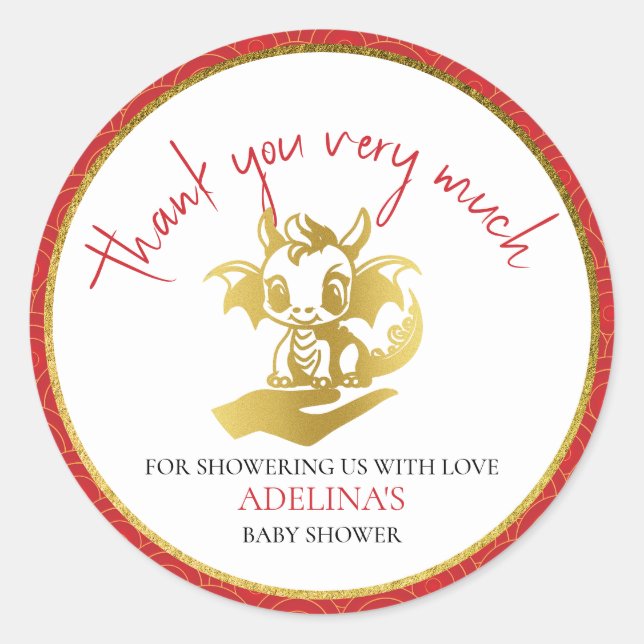 Cute Little Dragon Is On The Way Red Baby Shower Classic Round Sticker (Front)