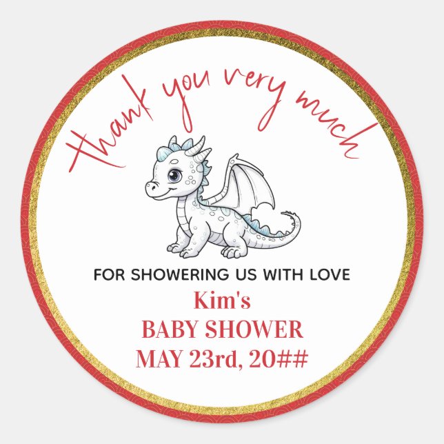 Cute Little Dragon Is On The Way Red Baby Shower Classic Round Sticker (Front)