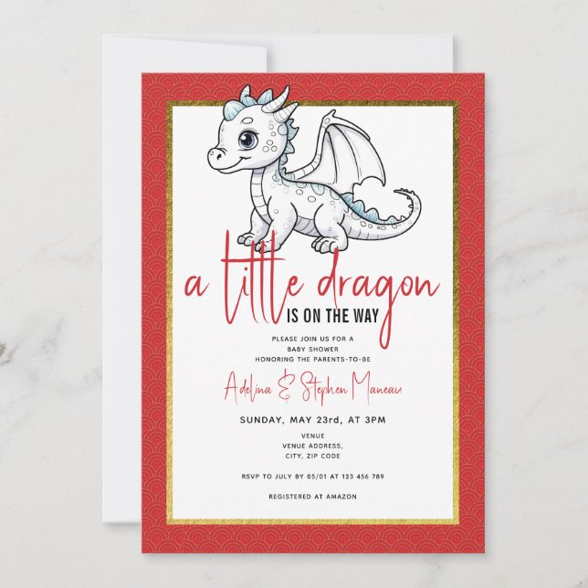 Cute Little Dragon Is On The Way Red Baby Shower Invitation (Front)