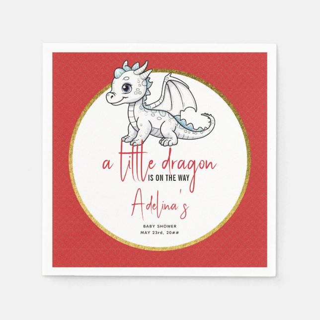 Cute Little Dragon Is On The Way Red Baby Shower Napkin (Front)