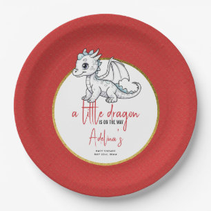 Cute Little Dragon Is On The Way Red Baby Shower Paper Plate